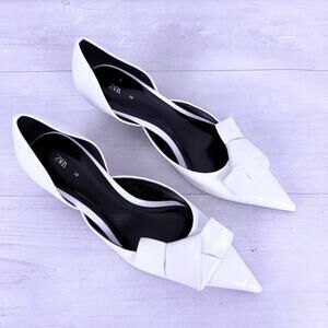 Zara Pointed Toe Patent Leather Pumps Kitten Heels Size 8 White Bow Detail